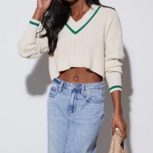 V-Neck Cream Sweater with Green Accents